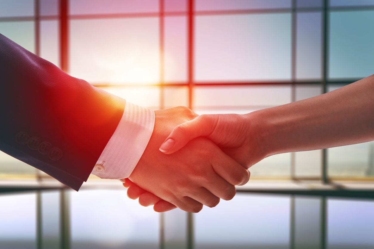 Two people shaking hands in front of a window.